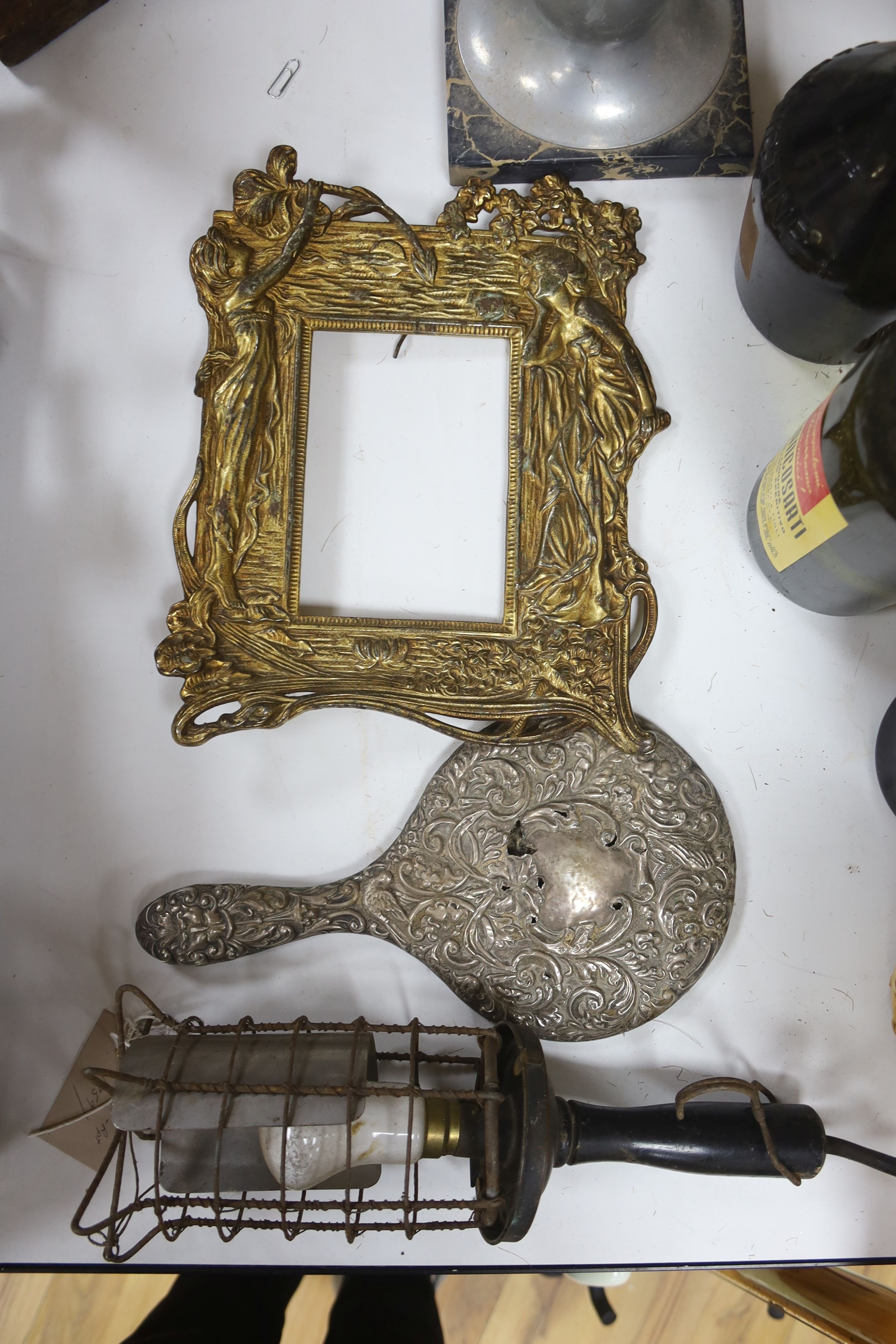 Mixed metalware including copper, an Art Nouveau style frame etc